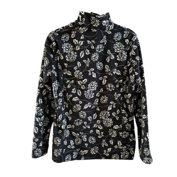 Lands' End Women's Floral Full Zip Fleece Jacket Size Medium Black White Layer - Picture 3 of 15